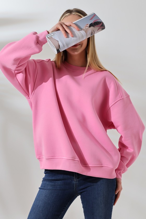 Şardonlu Omuz Detaylı Bisiklet Yaka Oversize Sweatshirt 21616 PEMBE