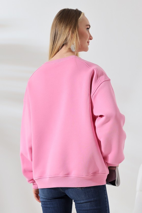 Şardonlu Omuz Detaylı Bisiklet Yaka Oversize Sweatshirt 21616 PEMBE