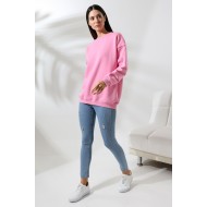 Şardonlu Bisiklet Yaka Oversize Sweatshirt 21620 PEMBE