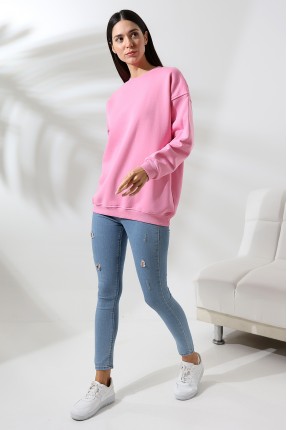 Şardonlu Bisiklet Yaka Oversize Sweatshirt 21620 PEMBE