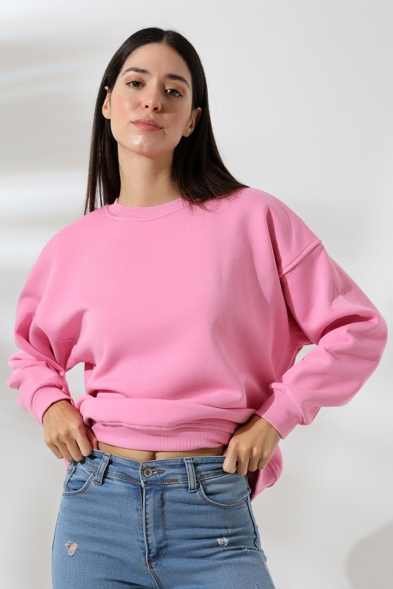 Şardonlu Bisiklet Yaka Oversize Sweatshirt 21620 PEMBE