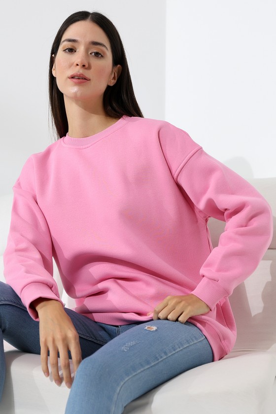 Şardonlu Bisiklet Yaka Oversize Sweatshirt 21620 PEMBE