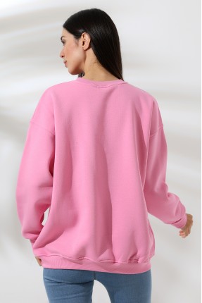 Şardonlu Bisiklet Yaka Oversize Sweatshirt 21620 PEMBE