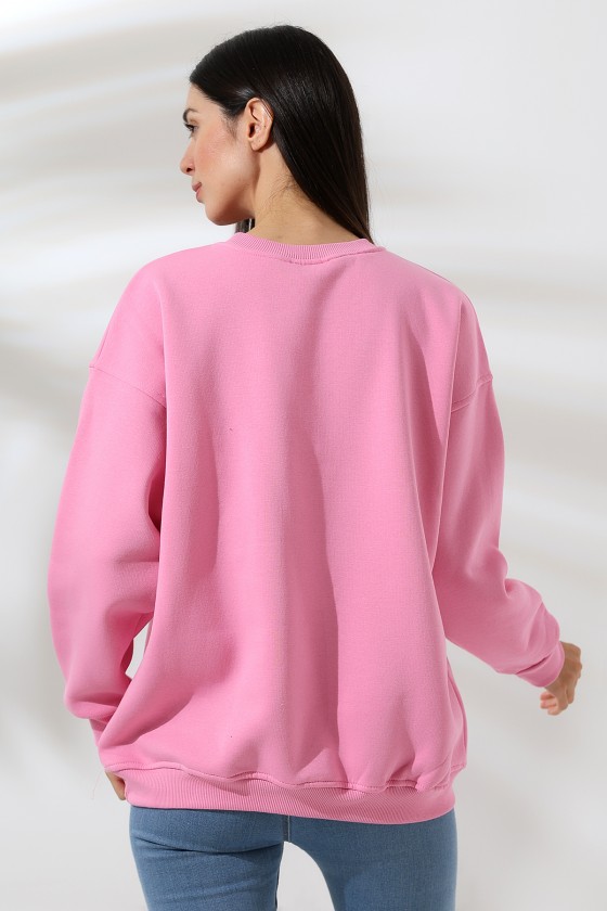 Şardonlu Bisiklet Yaka Oversize Sweatshirt 21620 PEMBE