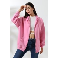 Şardonlu Fermuarlı Kapüşonlu Oversize Sweatshirt 21618 PEMBE