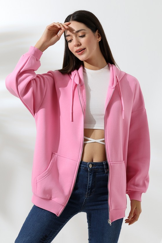 Şardonlu Fermuarlı Kapüşonlu Oversize Sweatshirt 21618 PEMBE