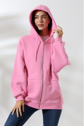 Şardonlu Fermuarlı Kapüşonlu Oversize Sweatshirt 21618 PEMBE