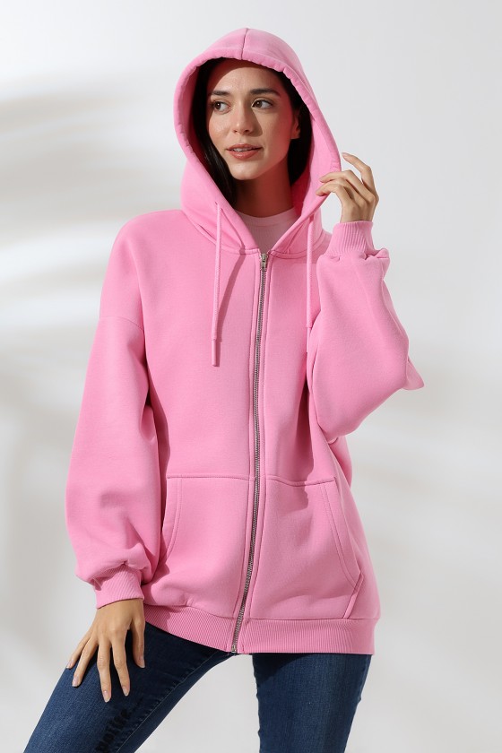 Şardonlu Fermuarlı Kapüşonlu Oversize Sweatshirt 21618 PEMBE