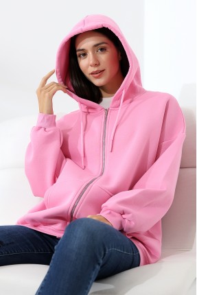 Şardonlu Fermuarlı Kapüşonlu Oversize Sweatshirt 21618 PEMBE