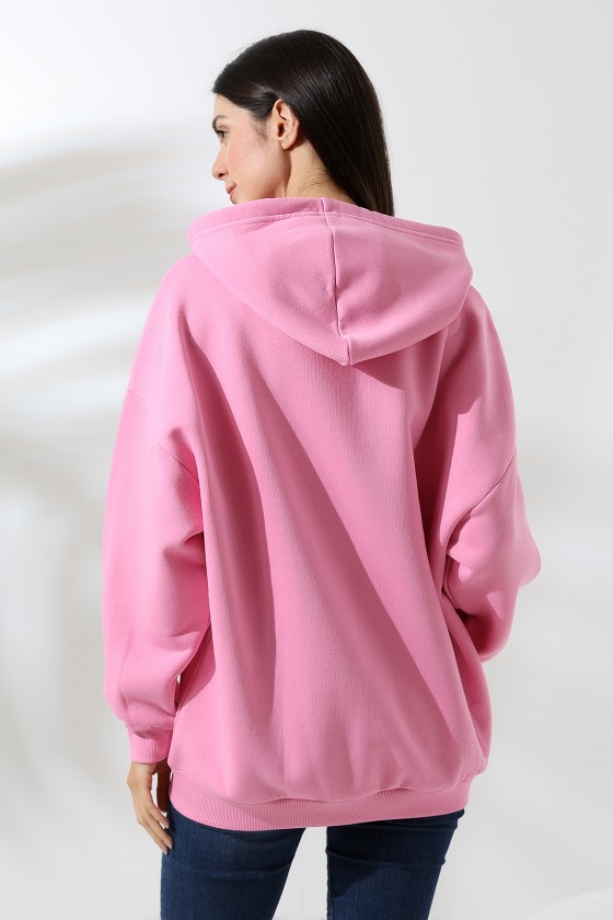 Şardonlu Fermuarlı Kapüşonlu Oversize Sweatshirt 21618 PEMBE