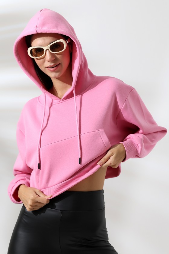 Kapüşonlu Şardonlu Crop Geniş Kalıp Sweatshirt 21653 PEMBE