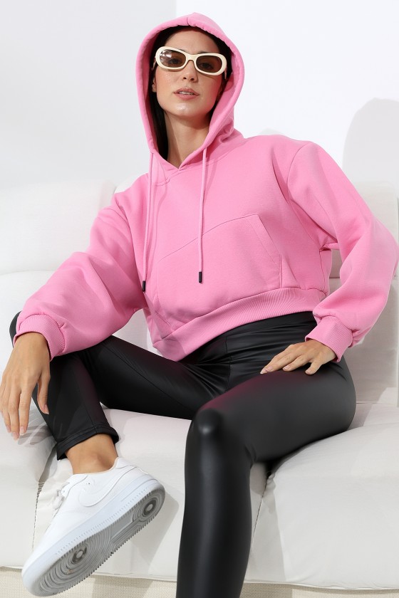 Kapüşonlu Şardonlu Crop Geniş Kalıp Sweatshirt 21653 PEMBE