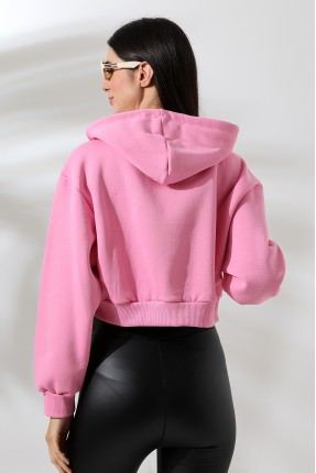 Kapüşonlu Şardonlu Crop Geniş Kalıp Sweatshirt 21653 PEMBE