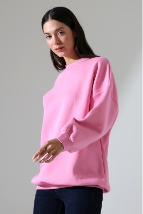 Yarım Balıkçı Yaka Şardonlu Salaş Basic Kadın Oversize Tunik Sweatshirt 21910 PEMBE