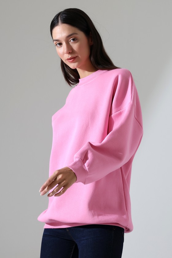 Yarım Balıkçı Yaka Şardonlu Salaş Basic Kadın Oversize Tunik Sweatshirt 21910 PEMBE