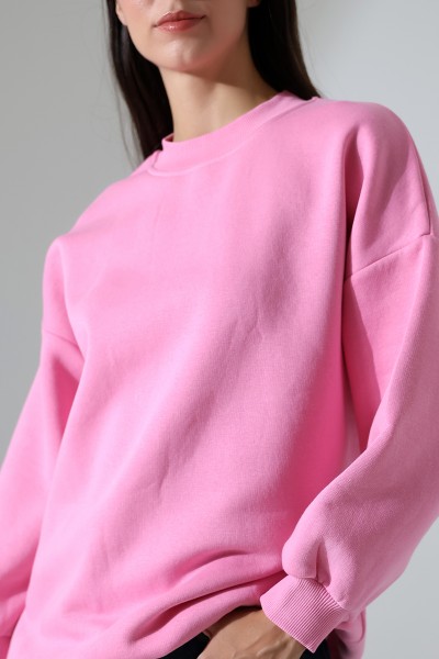 Yarım Balıkçı Yaka Oversize Geniş Kesim Pamuklu Yumuşak Dokulu Basic Kadın Tunik Sweatshirt 21910 PEMBE