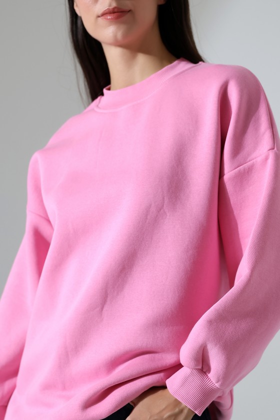 Yarım Balıkçı Yaka Şardonlu Salaş Basic Kadın Oversize Tunik Sweatshirt 21910 PEMBE