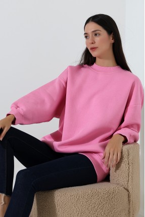 Yarım Balıkçı Yaka Şardonlu Salaş Basic Kadın Oversize Tunik Sweatshirt 21910 PEMBE