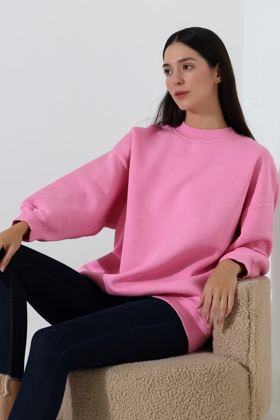 Yarım Balıkçı Yaka Şardonlu Salaş Basic Kadın Oversize Tunik Sweatshirt 21910 PEMBE