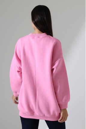Yarım Balıkçı Yaka Şardonlu Salaş Basic Kadın Oversize Tunik Sweatshirt 21910 PEMBE