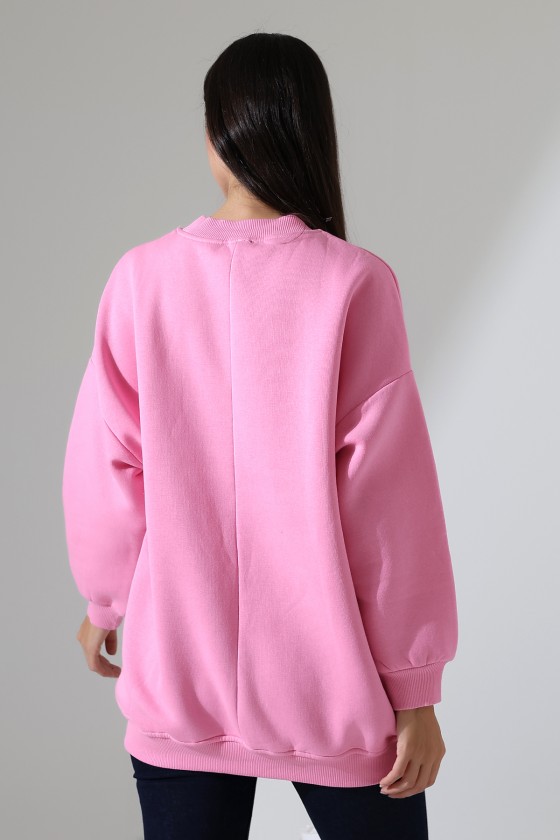 Yarım Balıkçı Yaka Şardonlu Salaş Basic Kadın Oversize Tunik Sweatshirt 21910 PEMBE