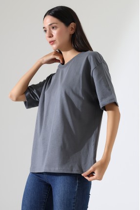 Penye Kompakt Ağır Kumaş Yaka Kaşkorseli Kısa Kol T-Shirt 21667 BOYALI GRİ