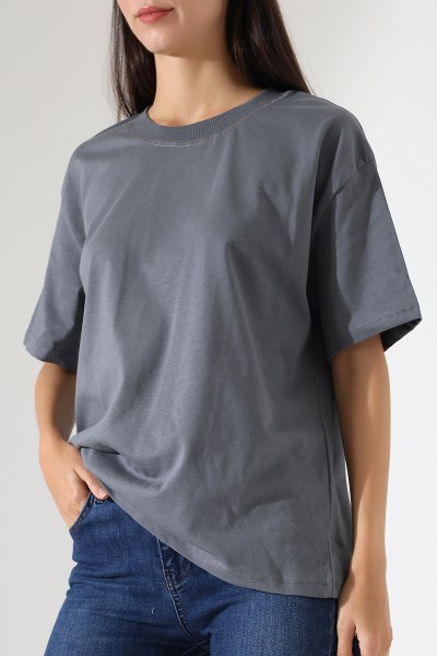 Penye Kompakt Ağır Kumaş Yaka Kaşkorseli Kısa Kol T-Shirt 21667 BOYALI GRİ