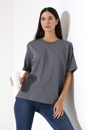 Penye Kompakt Ağır Kumaş Yaka Kaşkorseli Kısa Kol T-Shirt 21667 BOYALI GRİ