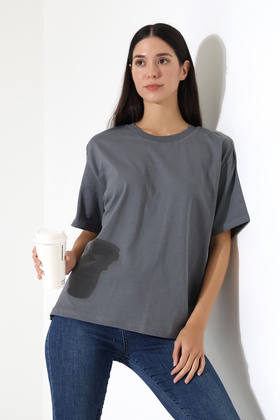 Penye Kompakt Ağır Kumaş Yaka Kaşkorseli Kısa Kol T-Shirt 21667 BOYALI GRİ