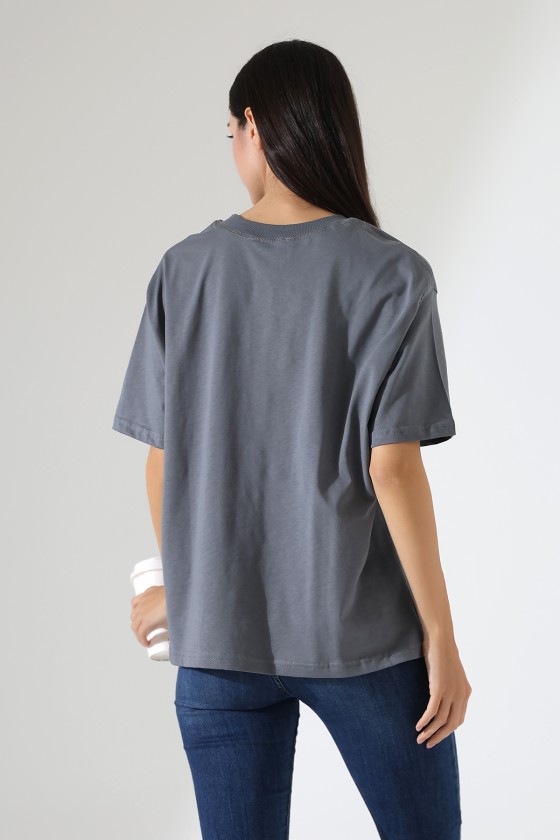 Penye Kompakt Ağır Kumaş Yaka Kaşkorseli Kısa Kol T-Shirt 21667 BOYALI GRİ