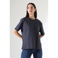 Penye Kompakt Ağır Kumaş Yaka Kaşkorseli Kısa Kol T-Shirt 21667 FÜME
