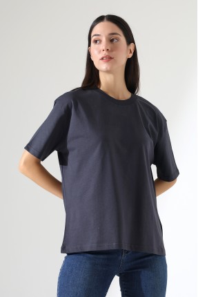 Penye Kompakt Ağır Kumaş Yaka Kaşkorseli Kısa Kol T-Shirt 21667 FÜME
