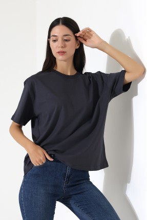 Penye Kompakt Ağır Kumaş Yaka Kaşkorseli Kısa Kol T-Shirt 21667 FÜME