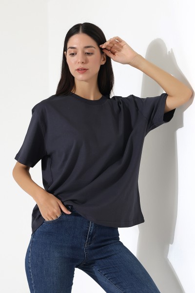 Penye Kompakt Ağır Kumaş Yaka Kaşkorseli Kısa Kol T-Shirt 21667 FÜME