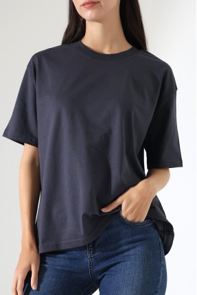 Penye Kompakt Ağır Kumaş Yaka Kaşkorseli Kısa Kol T-Shirt 21667 FÜME
