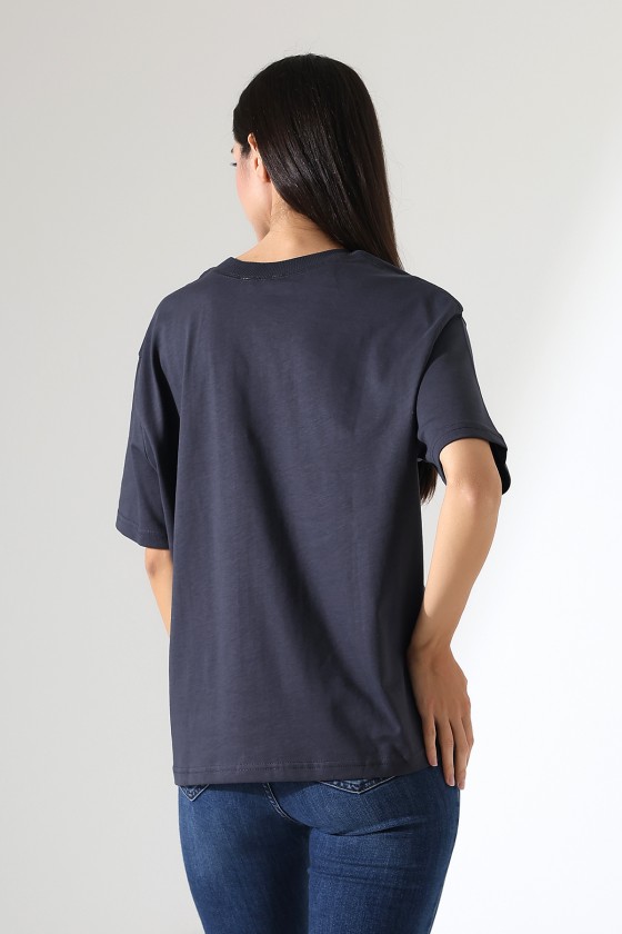 Penye Kompakt Ağır Kumaş Yaka Kaşkorseli Kısa Kol T-Shirt 21667 FÜME