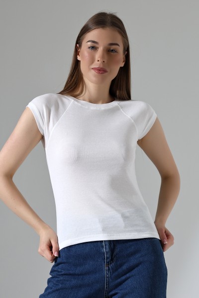 Penye Likralı Ribana Dikiş Detaylı Reglan Kol Pamuklu T-Shirt 21890 BEYAZ