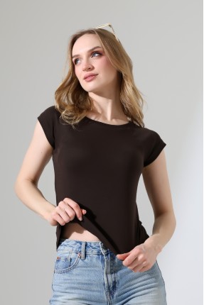 Penye Likralı Ribana Dikiş Detaylı Reglan Kol Pamuklu T-Shirt 21890 KAHVE