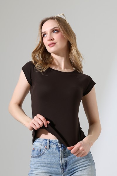 Penye Likralı Ribana Dikiş Detaylı Reglan Kol Pamuklu T-Shirt 21890 KAHVE