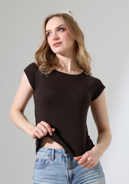 Penye Likralı Ribana Dikiş Detaylı Reglan Kol Pamuklu T-Shirt 21890 KAHVE