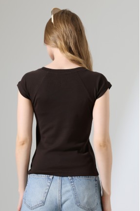 Penye Likralı Ribana Dikiş Detaylı Reglan Kol Pamuklu T-Shirt 21890 KAHVE
