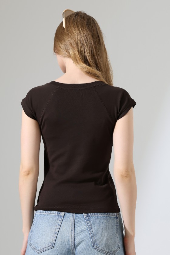Penye Likralı Ribana Dikiş Detaylı Reglan Kol Pamuklu T-Shirt 21890 KAHVE