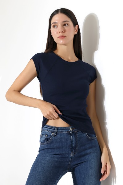 Penye Likralı Ribana Dikiş Detaylı Reglan Kol Pamuklu T-Shirt 21890 LACİVERT