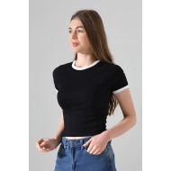 Penye Likralı Ribana Yakası ve Kol Ağzı Beyaz Biyeli Pamuklu T-Shirt 21832 SİYAH