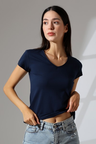 Pis V Yaka Penye Kompakt Likralı Kısa Kol Cepli Basic T-Shirt 21065 LACİVERT