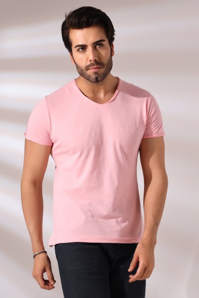 Pis Dikim V Yaka Flamlı T-Shirt 19958 PUDRA Pis Dikim V Yaka Flamlı T-Shirt 19958 PUDRA