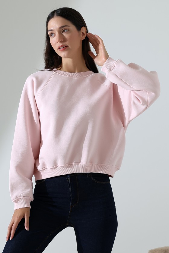Geniş Bisiklet Yaka Şardonlu Karyokalı Geniş Reglan Kol Basic Kadın Sweatshirt 21973 PUDRA