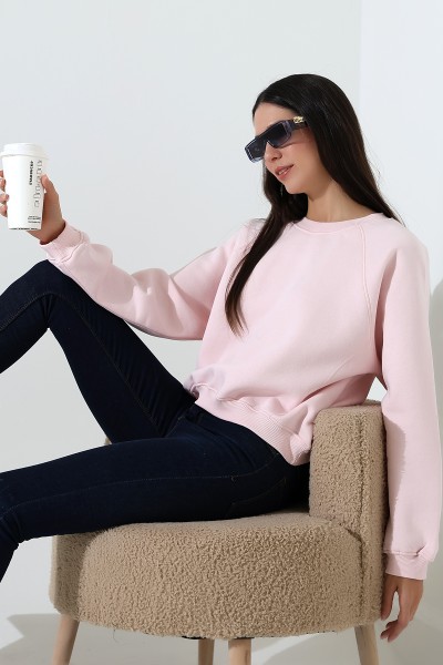 Geniş Bisiklet Yaka Pamuklu Şardonlu Karyokalı Geniş Reglan Kol Yumuşak Dokulu Basic Kadın Sweatshirt 21973 PUDRA