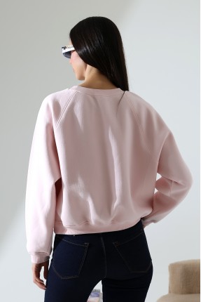 Geniş Bisiklet Yaka Şardonlu Karyokalı Geniş Reglan Kol Basic Kadın Sweatshirt 21973 PUDRA