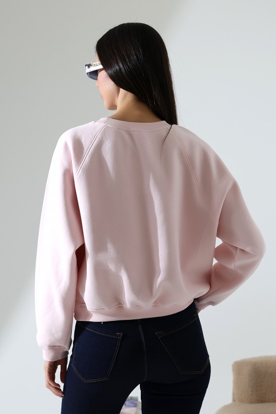 Geniş Bisiklet Yaka Şardonlu Karyokalı Geniş Reglan Kol Basic Kadın Sweatshirt 21973 PUDRA